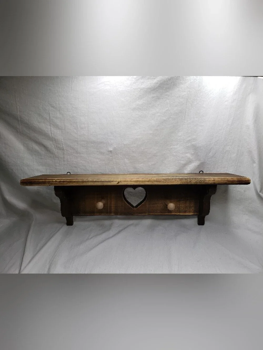 Vintage Long Wooden Country Heart Wall Shelf Pegs Distressed 90s 2 Feet Long